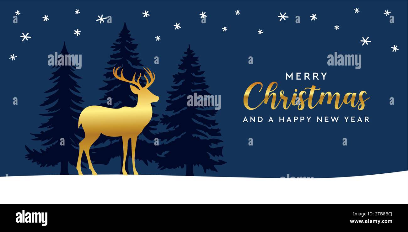 christmas greeting card with golden deer in forest vector illustration ...