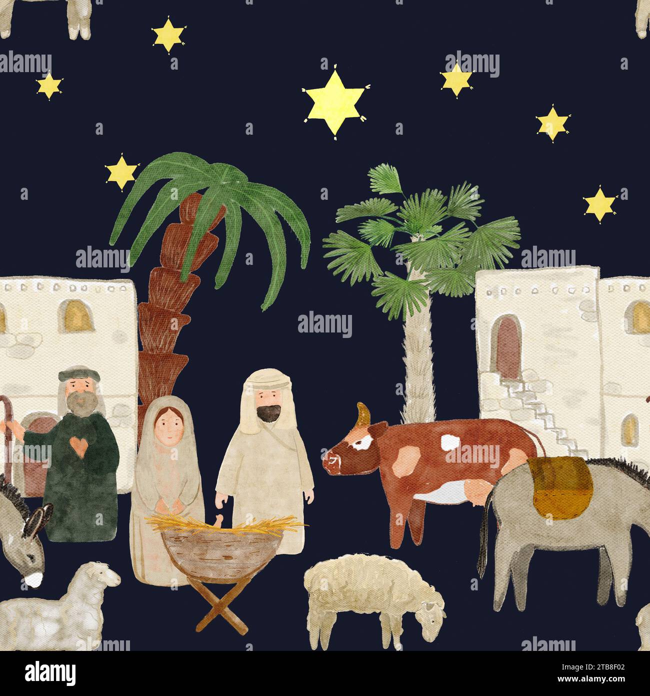 Watercolor Christmas nativity scene pattern on dark blue Stock Photo