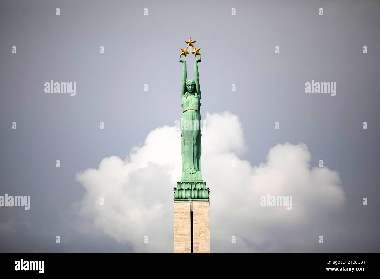The Freedom Monument, granite and copper statue in central Riga on a beautiful summer sunny day, Riga, Latvia Stock Photo