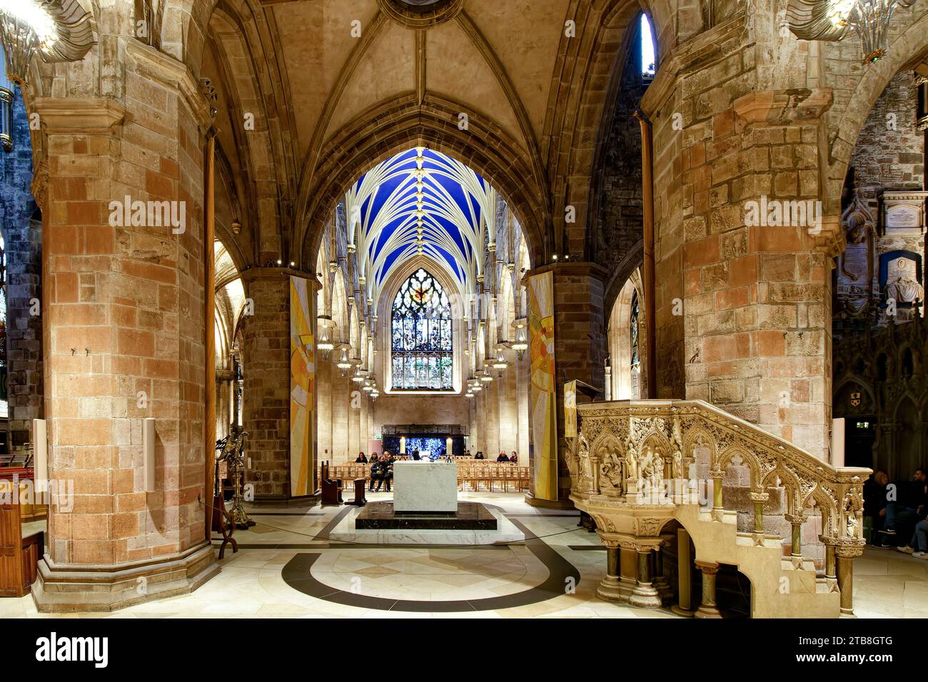 St Giles' Cathedral Old Town Edinburgh interior looking towards the pulpit and white marble communion table Stock Photo
