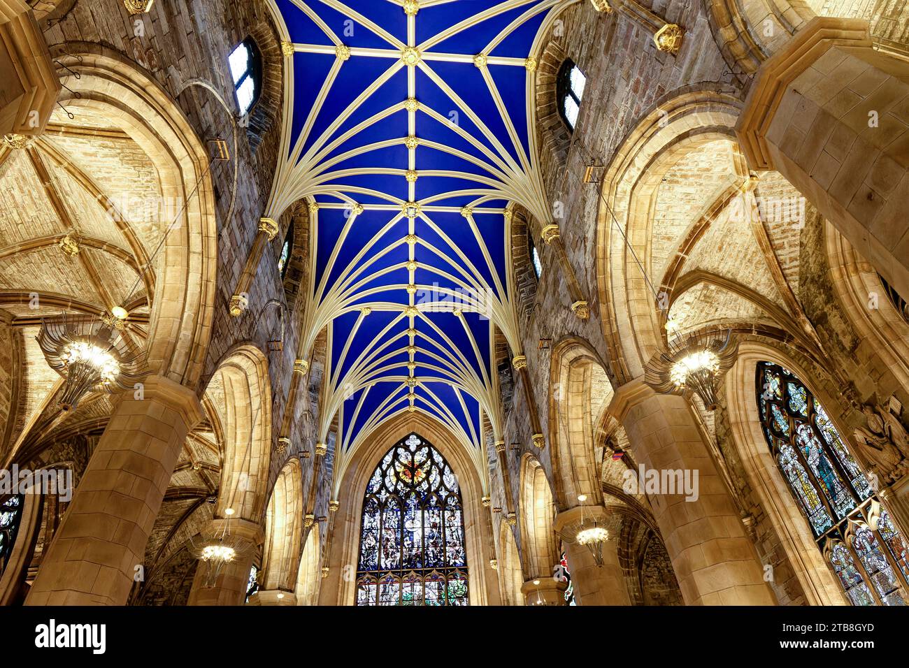 St Giles' Cathedral Old Town Edinburgh interior the blue ceiling and stained glass windows Stock Photo