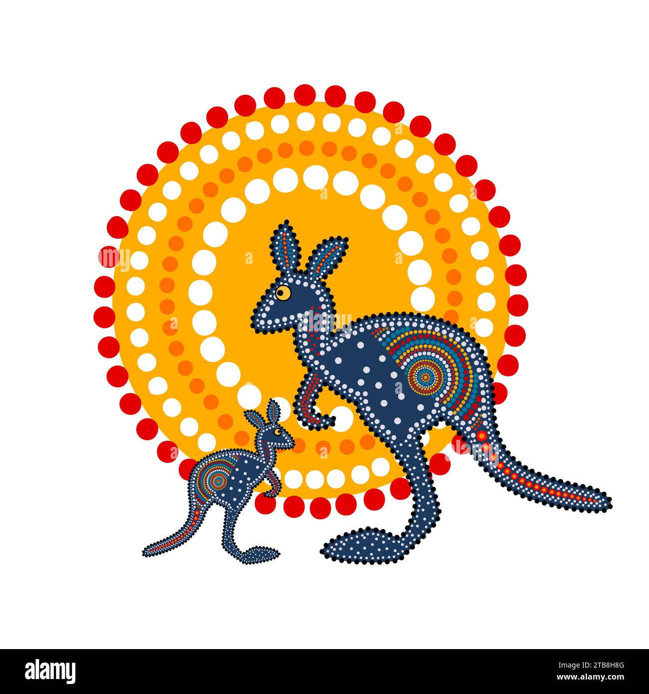 Two kangaroos and sun in decorative ethnic style. Aboriginal tribal