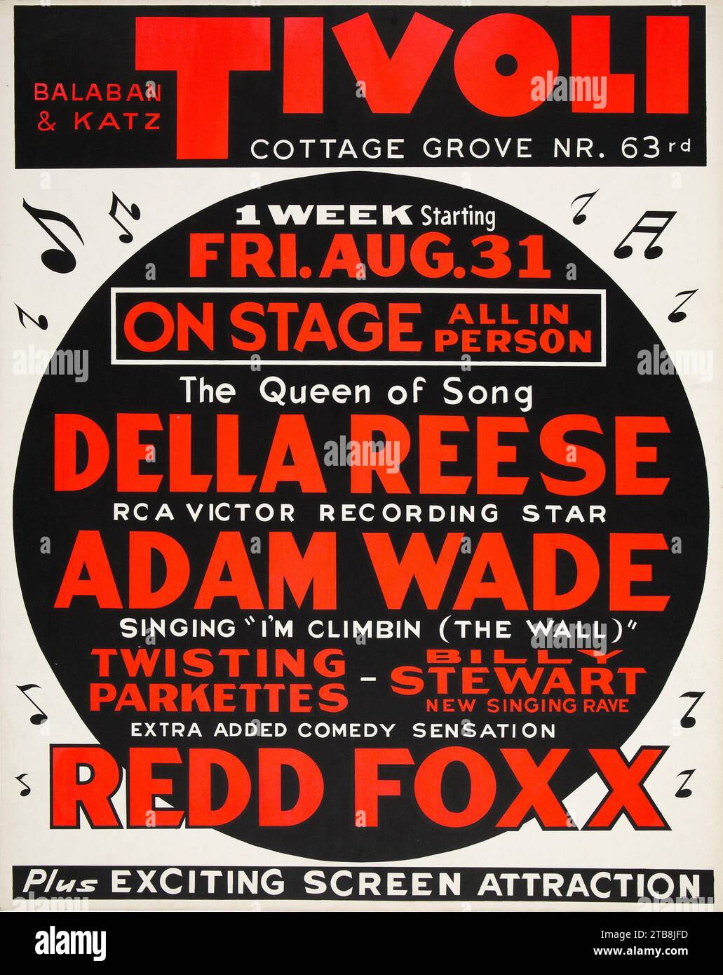 TIVOLI - Della Reese, Adam Wade, Billy Stewart, Redd Foxx - 1962 Chicago Jumbo Jazz Concert Poster Stock Photo