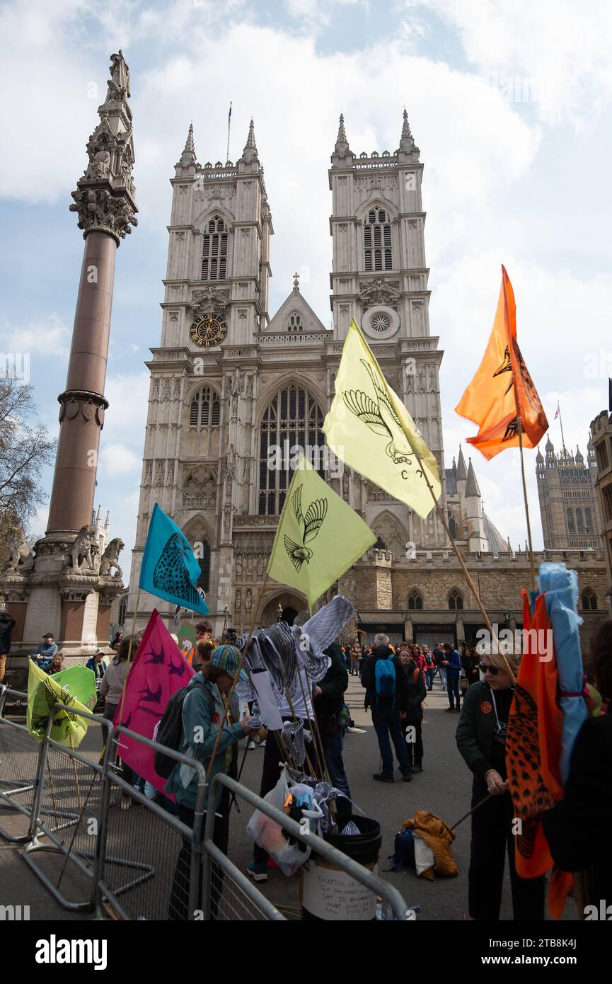 Westminster, London, UK. 22nd April, 2023. Thousands of Extinction Rebellion Rebels were in Westminster, London today on the second day of the  Big One, Unite to Survive action. There was a huge Earth Day Biodiversity march through the streets of Westminster. XR are calling on the Government to take action on climate crisis and for there to be no new fossil fuels. Credit: Maureen McLean/Alamy Stock Photo