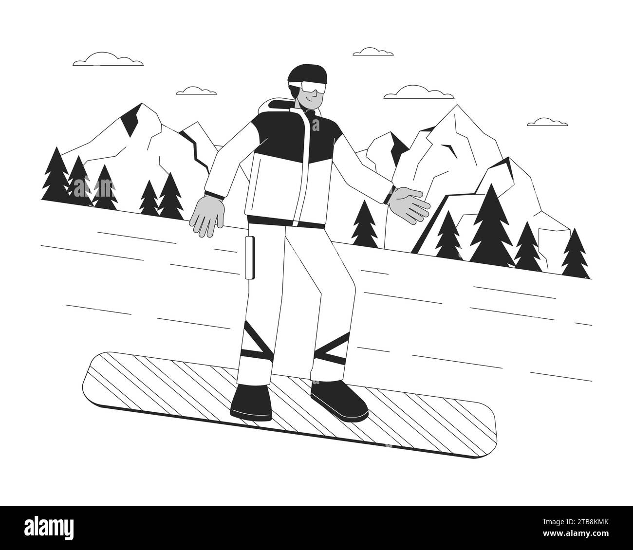 Snowboarding downhill winter sports black and white cartoon flat