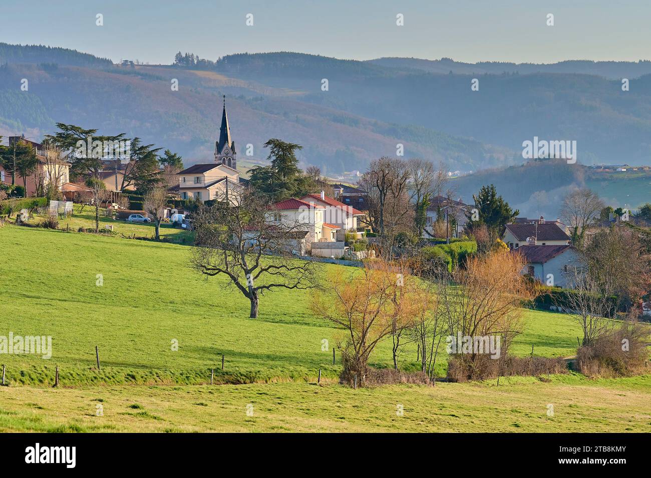Sourcieux-les-Mines (central-eastern France): view of the village in the “monts du Lyonnais” mountain range Stock Photo
