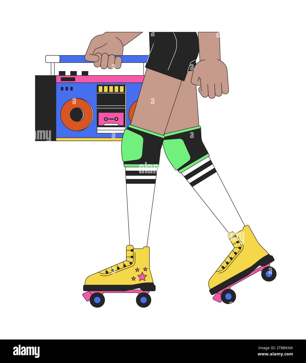 Female roller skater carrying boombox 2D linear cartoon legs close-up Stock Vector