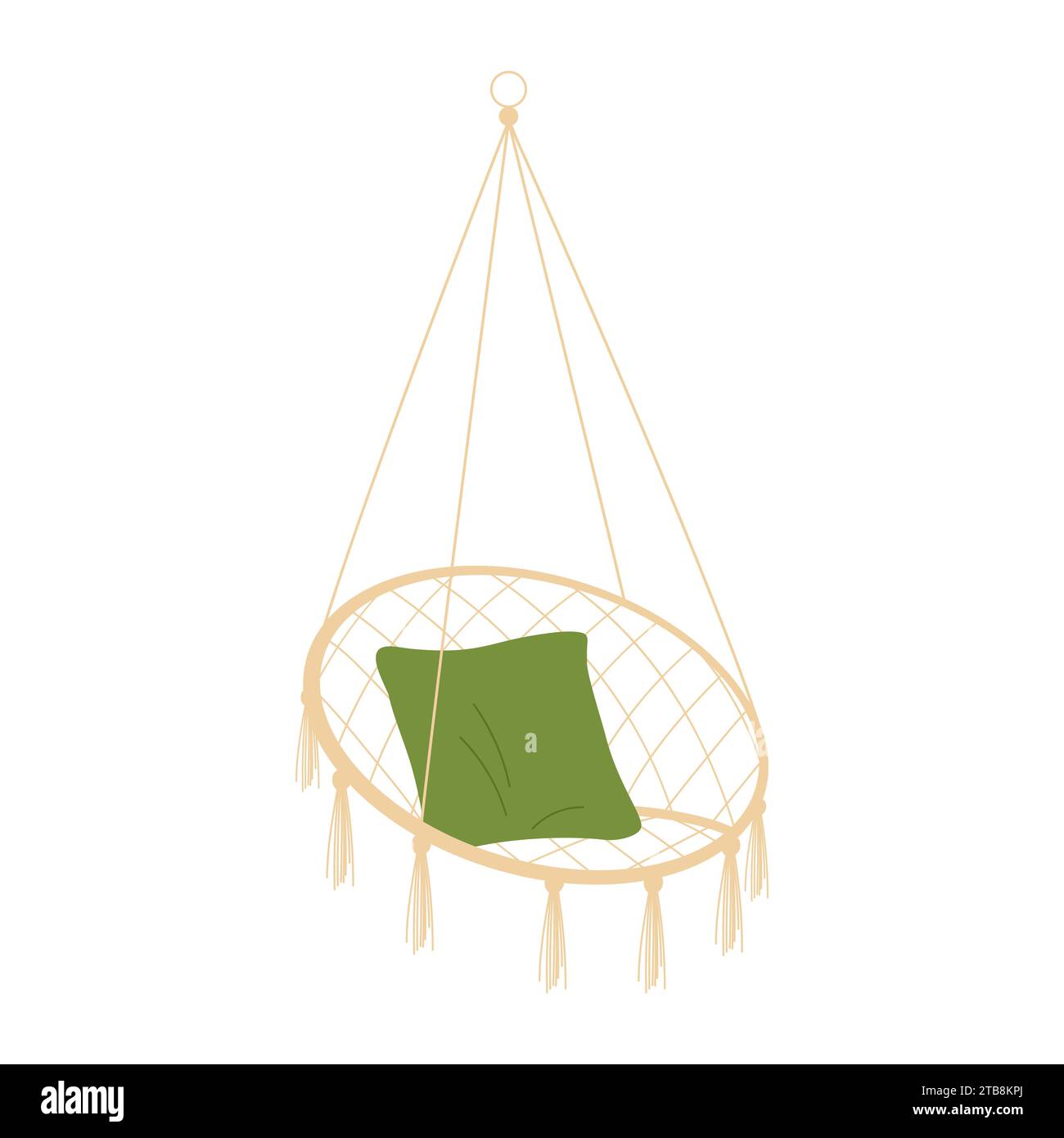 Hanging rattan swing chair. Garden furniture, outdoor backyard hanging chair cartoon vector