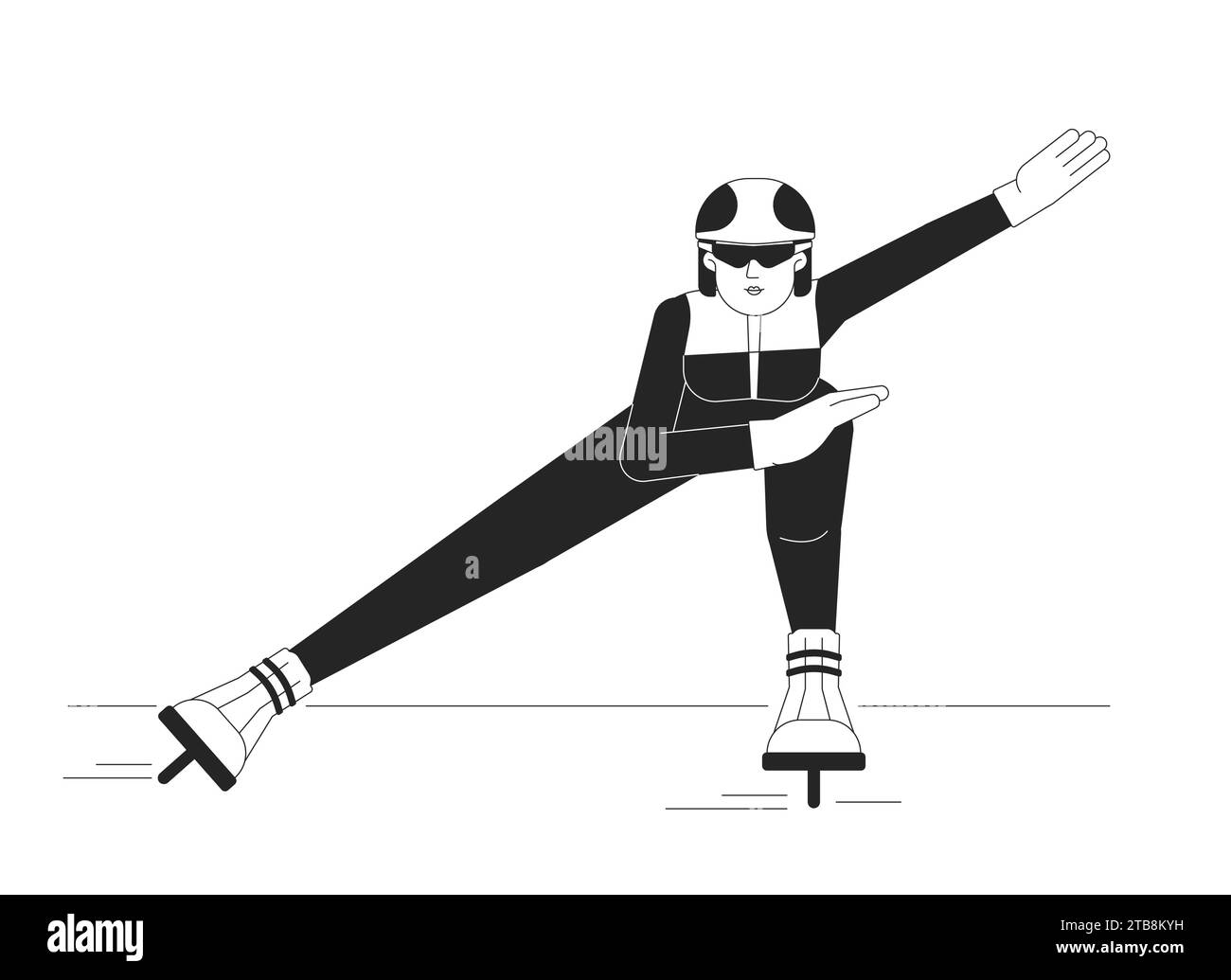 Ice speed skater woman black and white cartoon flat illustration Stock Vector