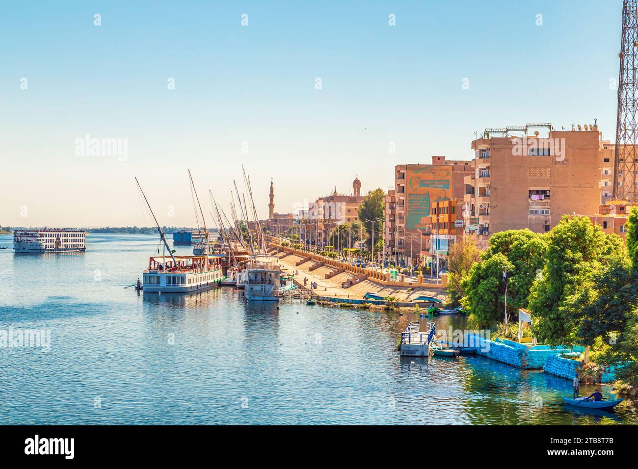 View of the Esna embankment from the Nile River. Esna, Egypt - October 20, 2023. Stock Photo