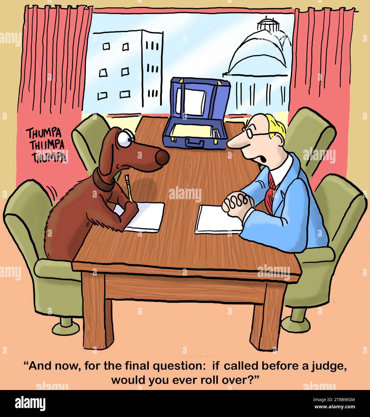 Color cartoon of a lawyer asking his dog client if, called before a judge, it will roll over. Stock Photo
