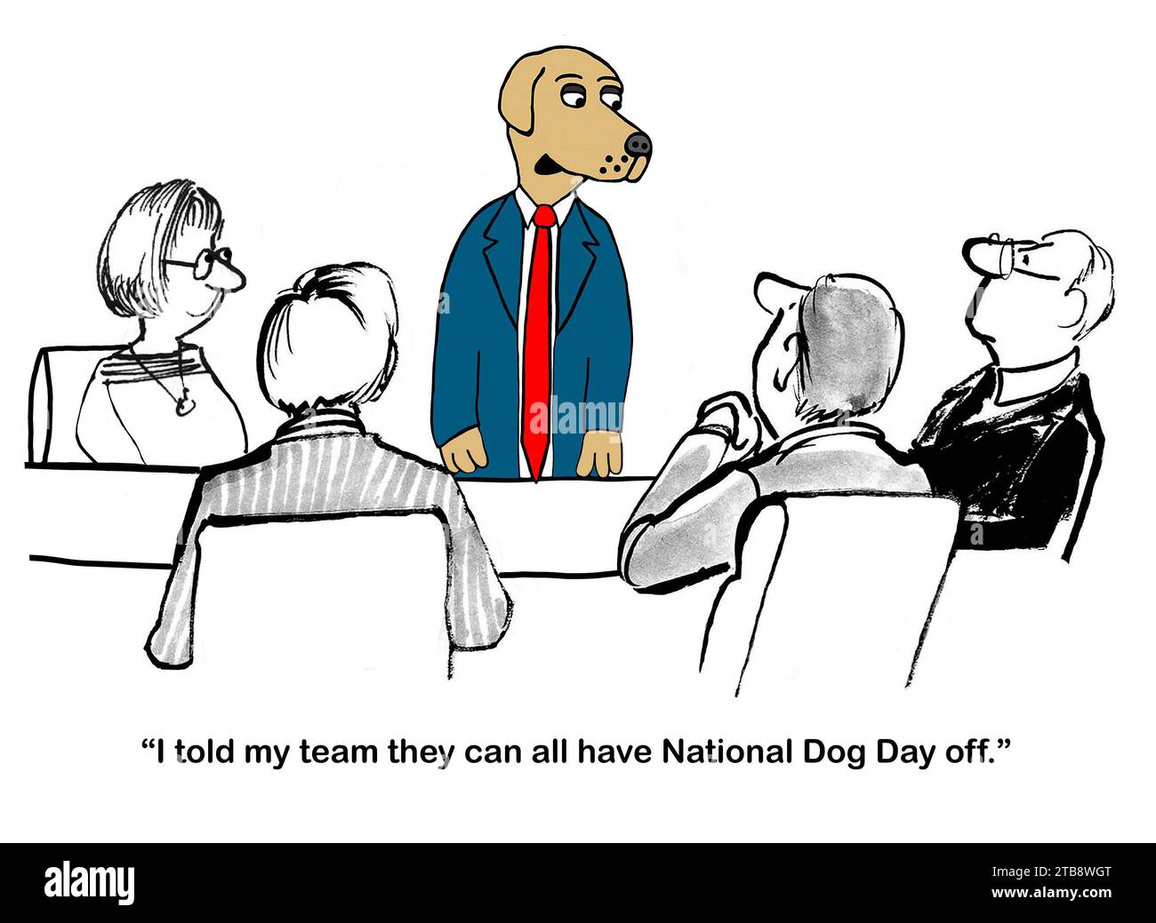 B&W illustration of a professional dog leader telling his boss that he