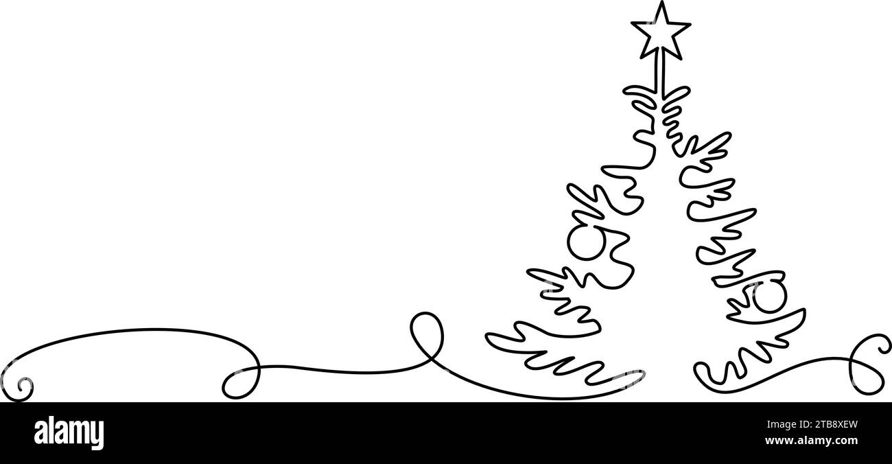 Christmas pine fir tree stroke decoration. Continuous one line drawing ...