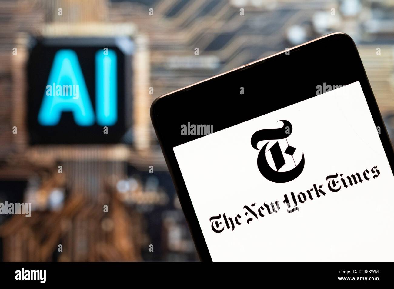 China. 03rd Nov, 2023. In this photo illustration, the American newspaper The New York Times (NYT) logo seen displayed on a smartphone with an Artificial intelligence (AI) chip and symbol in the background. (Photo by Budrul Chukrut/SOPA Images/Sipa USA) *** Strictly for editorial news purposes only *** Credit: Sipa USA/Alamy Live News Stock Photo