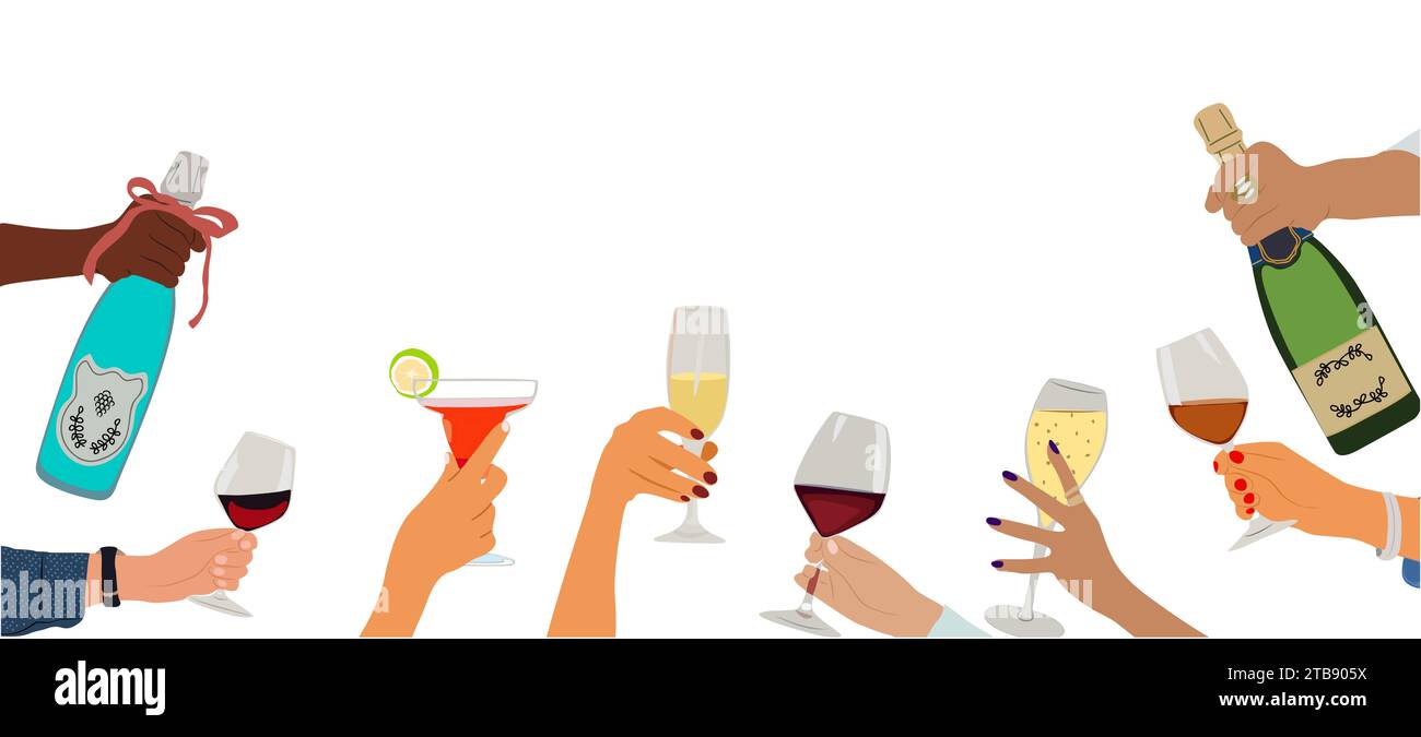 Different hands holding glasses with drinks vector Stock Vector Image ...