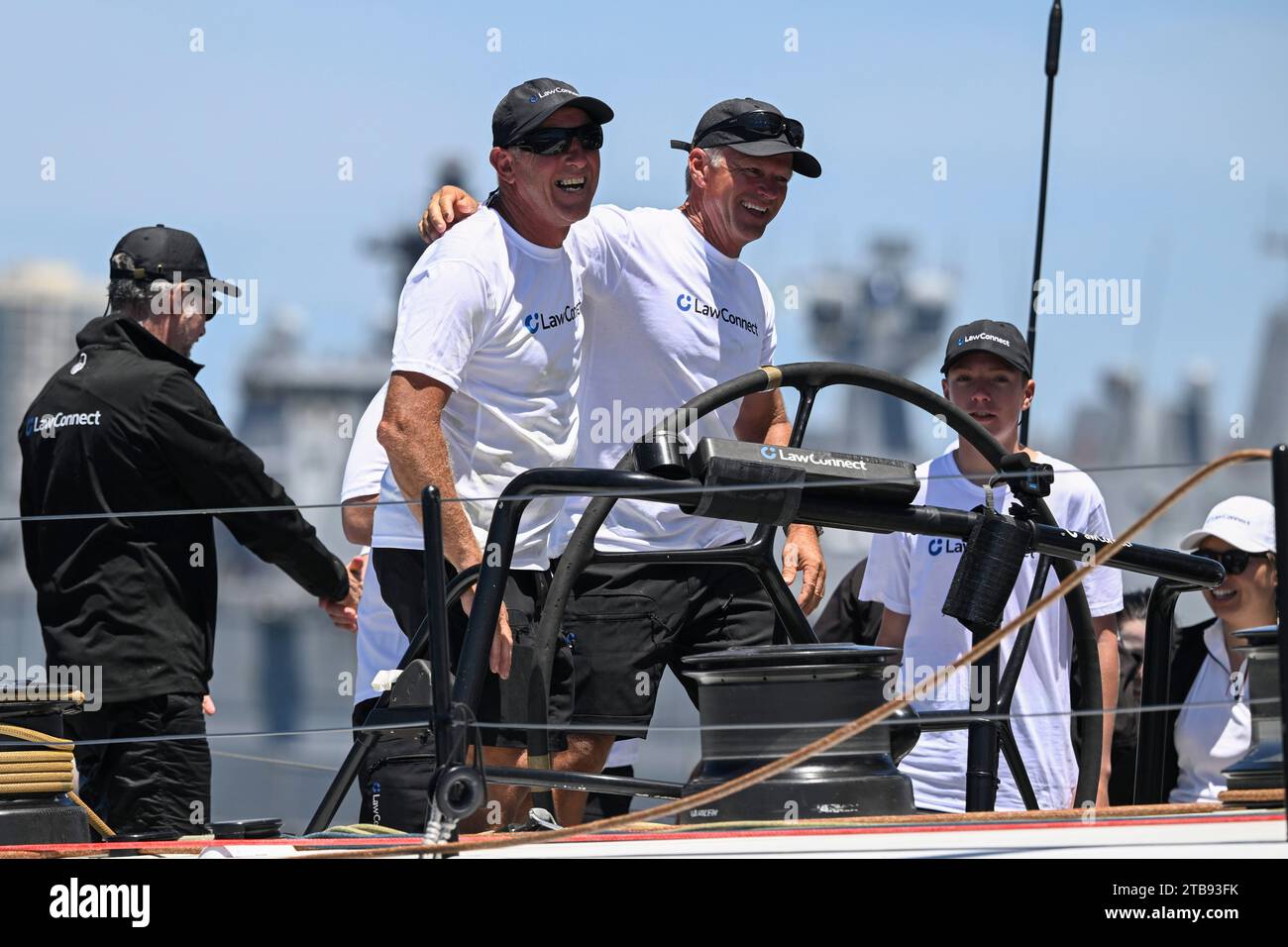 Sydney Harbour, Sydney, Australia. 5th Dec, 2023. 2023 Solas Big Boat Challenge; maxi yacht LawConnect skippered by Christian Beck wins the Solas Big Boat challenge as the crew celebrate Credit: Action Plus Sports/Alamy Live News Stock Photo
