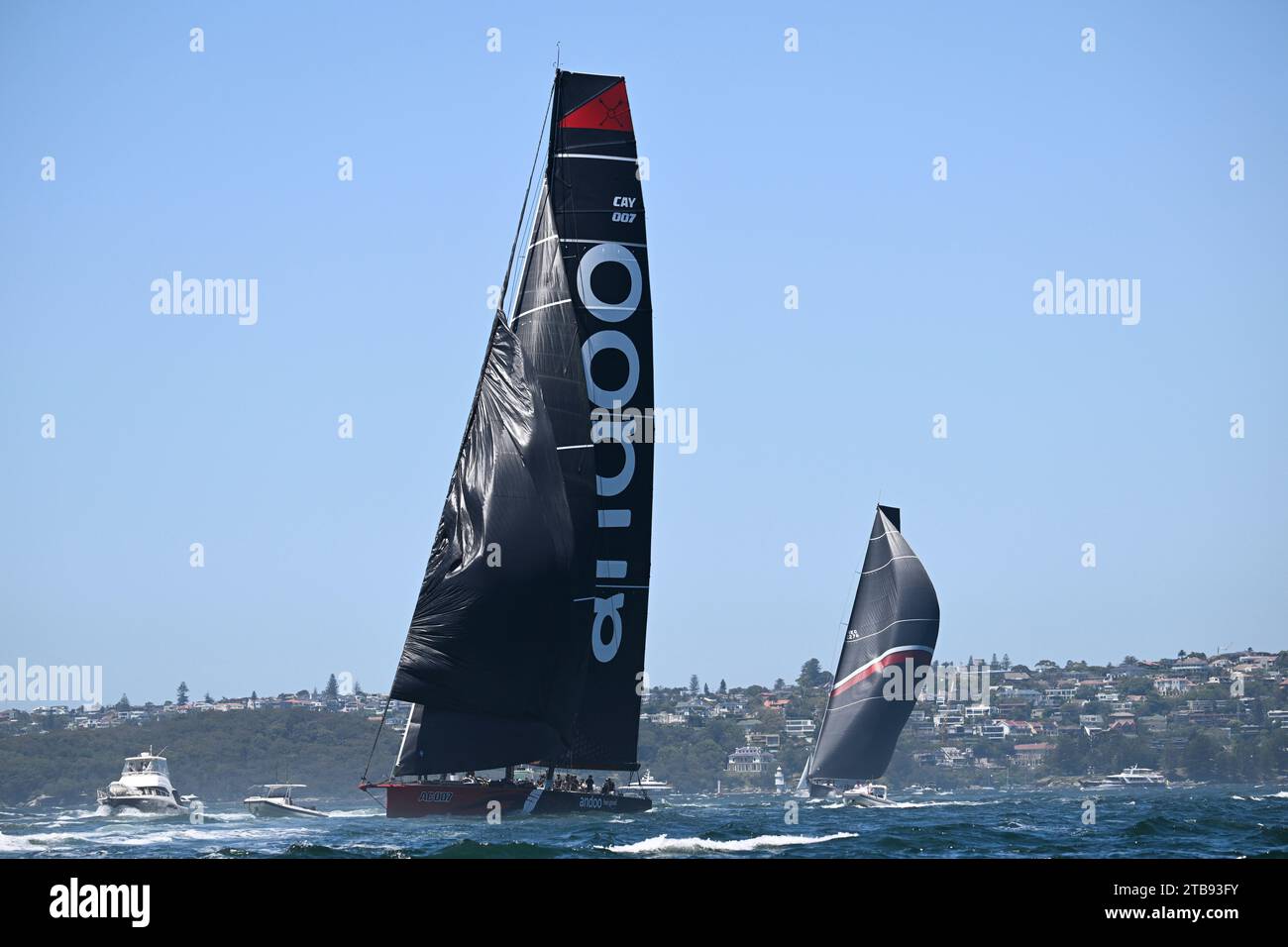 Sydney Harbour, Sydney, Australia. 5th Dec, 2023. 2023 Solas Big Boat Challenge; maxi yacht Andoo Comanche skippered by John Winning Jr sails and maxi yacht SHK Scallywag skippered by David Witt finish second and third Credit: Action Plus Sports/Alamy Live News Stock Photo