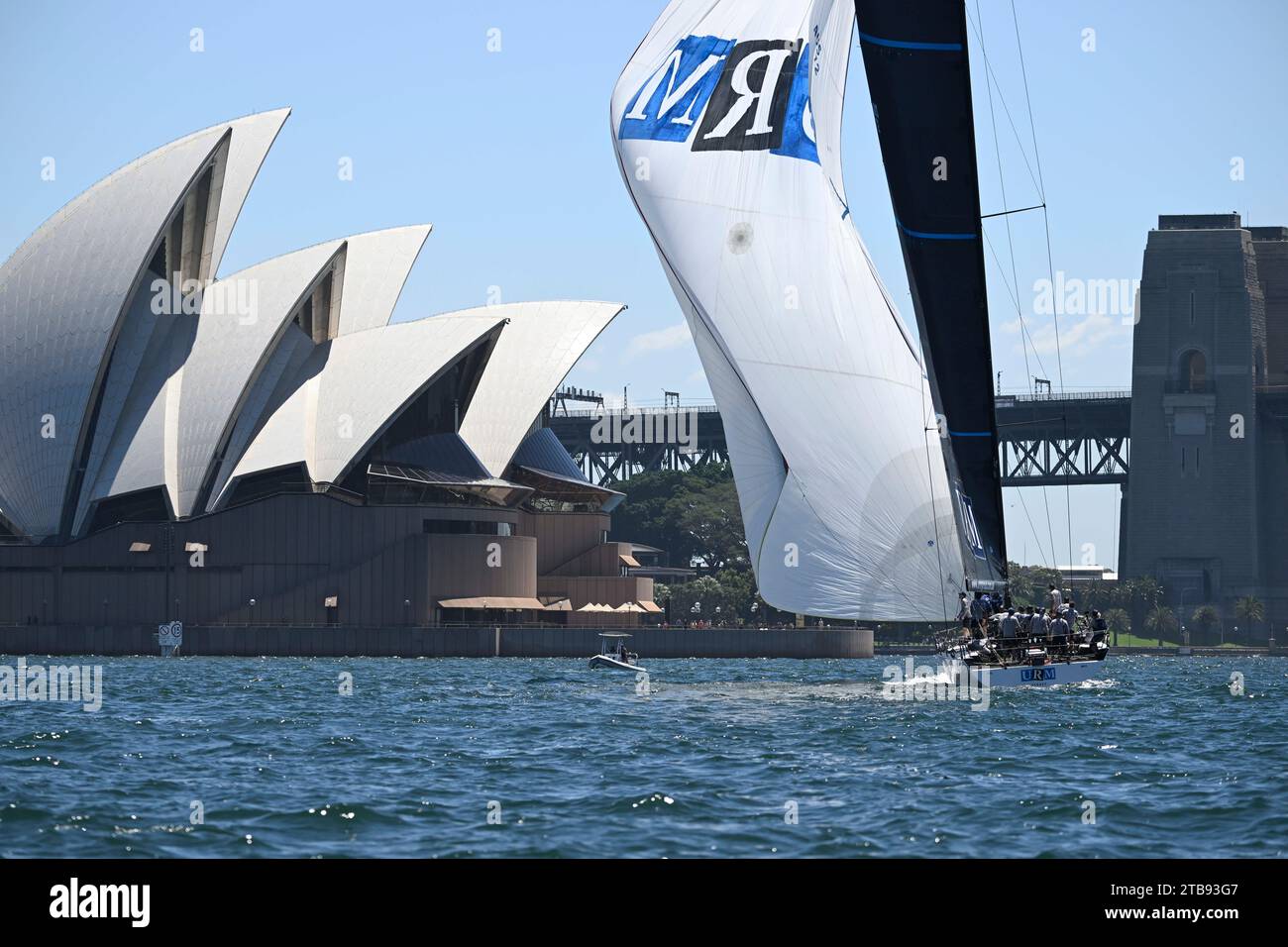 Sydney Harbour, Sydney, Australia. 5th Dec, 2023. 2023 Solas Big Boat Challenge; URM Group skippered by Anthony Johnston in front of the Sydney Opera House during the Solas Big Boat challenge Credit: Action Plus Sports/Alamy Live News Stock Photo