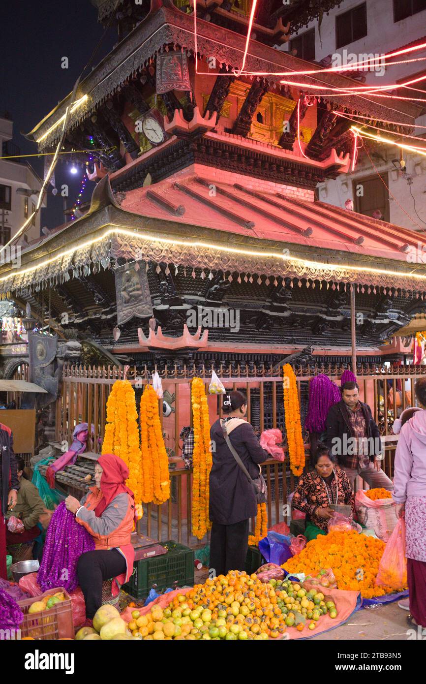 Nepal, Kathmandu, Asan Tol, bazar, temple, people, Tihar Festival, Stock Photo