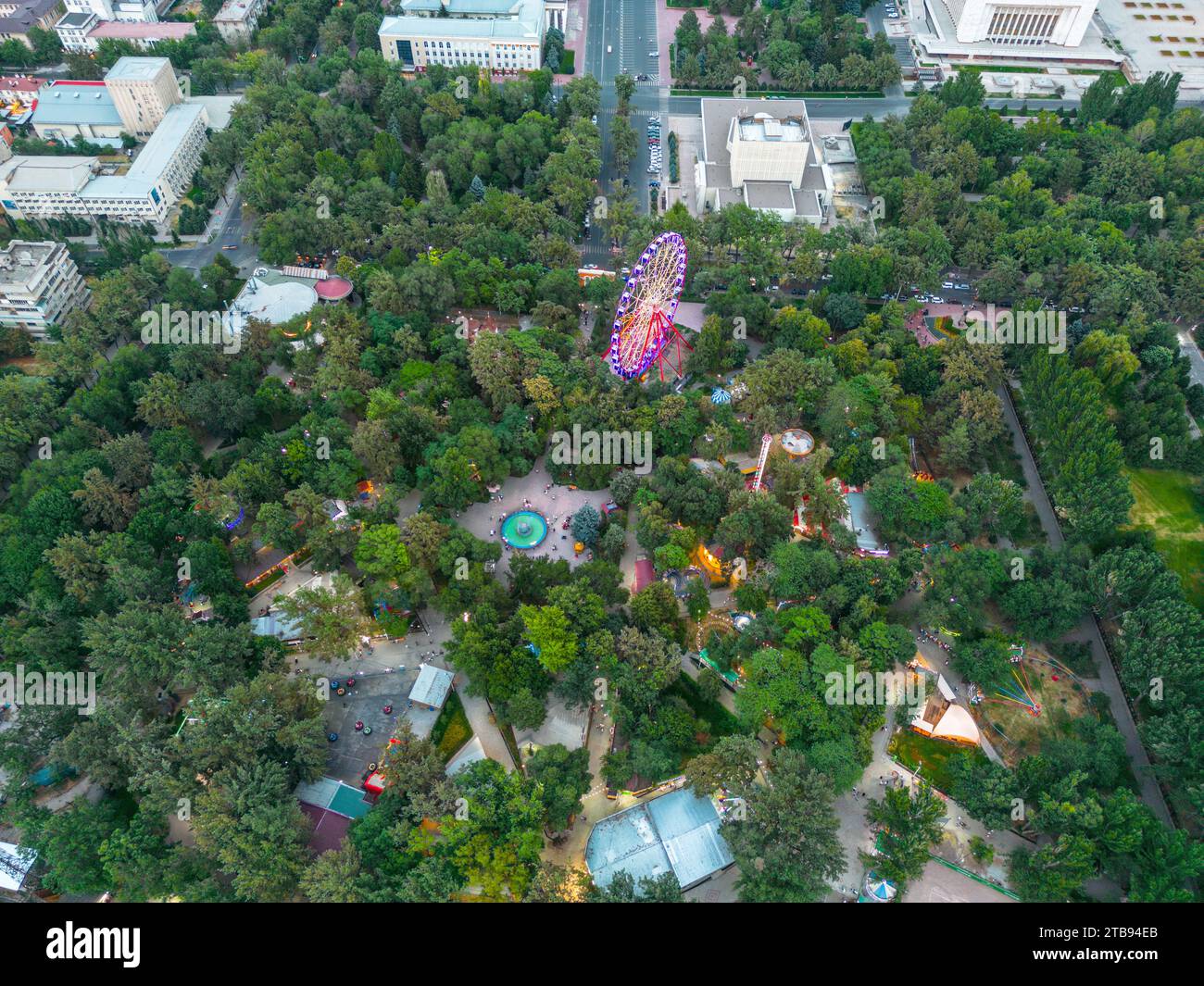Aerial view of Panfilov Park in Bishkek city with Ferris wheel ...