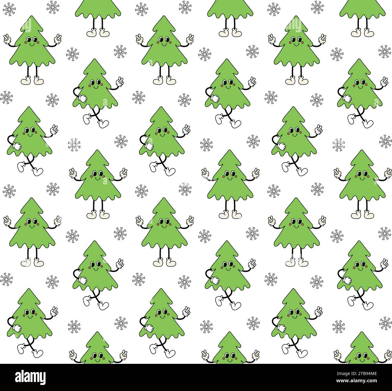 Vector seamless pattern of groovy retro cartoon Christmas tree isolated ...