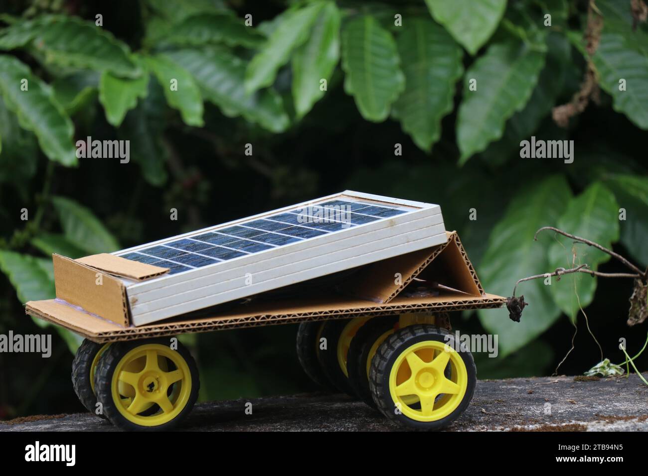 Solar powered car built at home. Solar panel runs the wheels on a dc