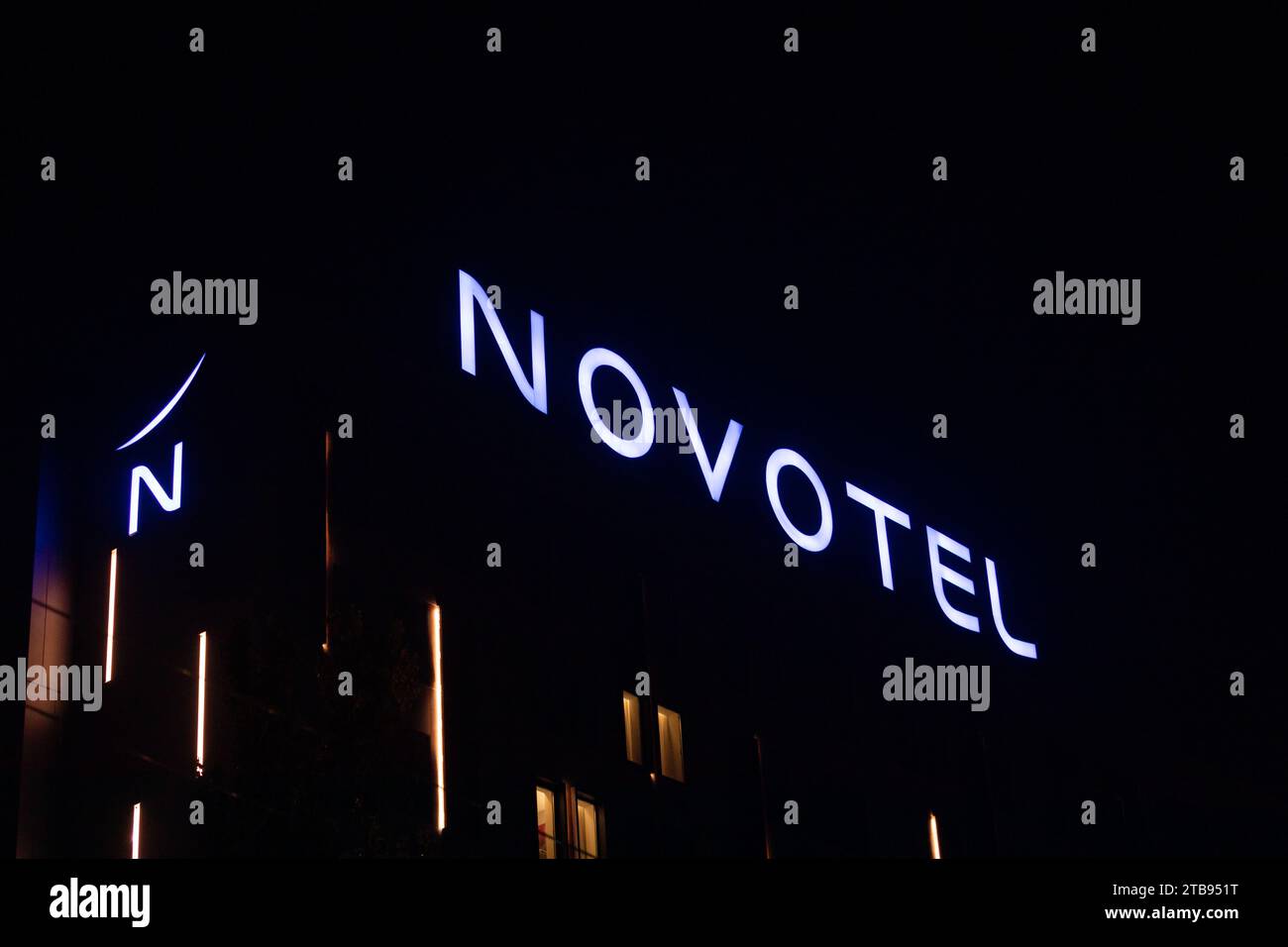 Bishkek, Kyrgyzstan - November 30, 2021: Nototel hotel logo at night