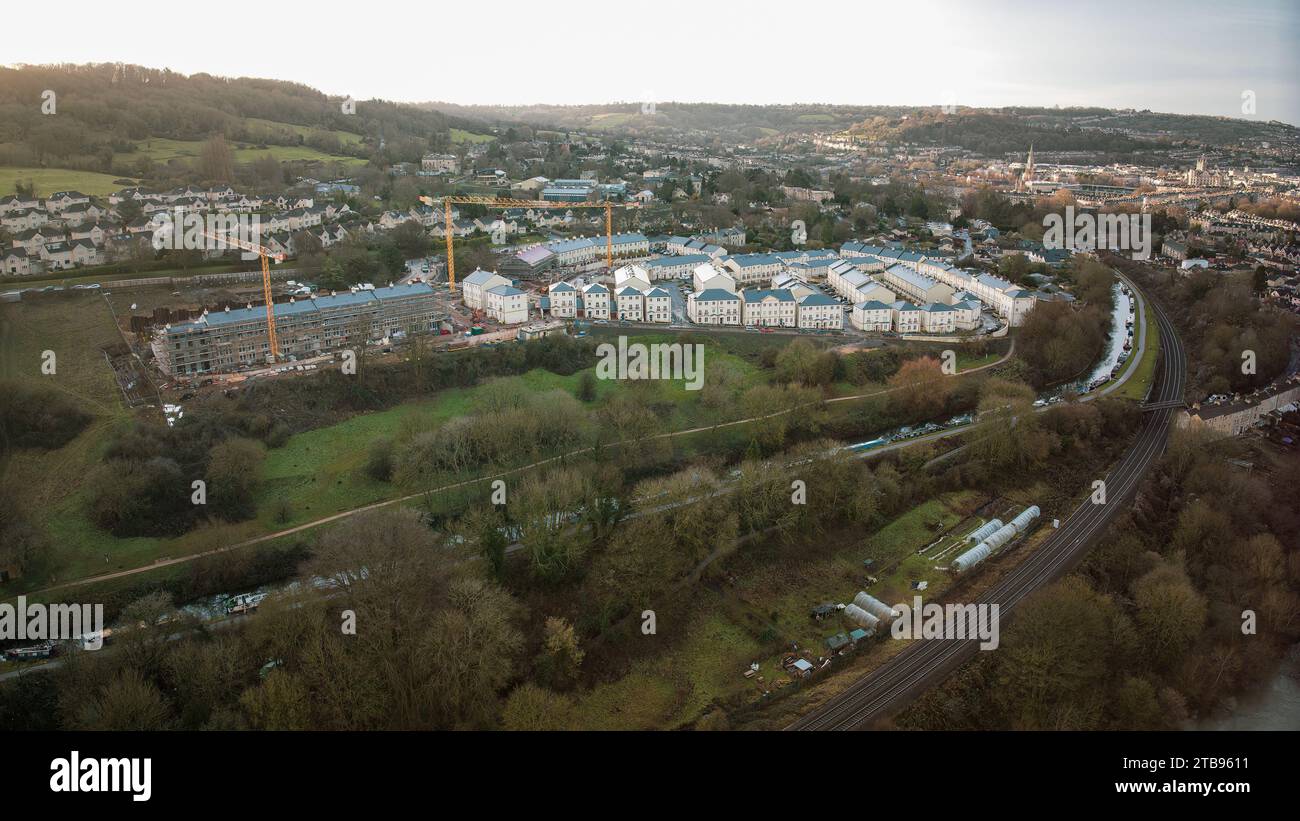 Aerial drone view of Holburne Park, built on the old M.O.D. site on the