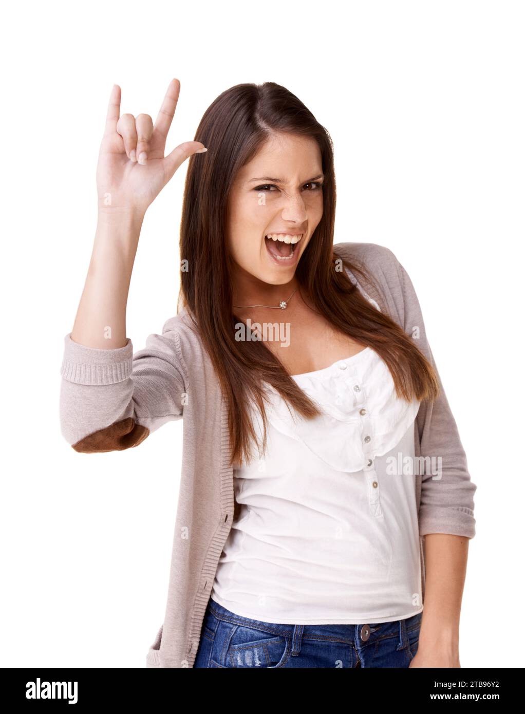 Rock, music and portrait of woman with sign for metal, culture or freedom in studio white background. Crazy, girl and excited fan with icon or gesture Stock Photo