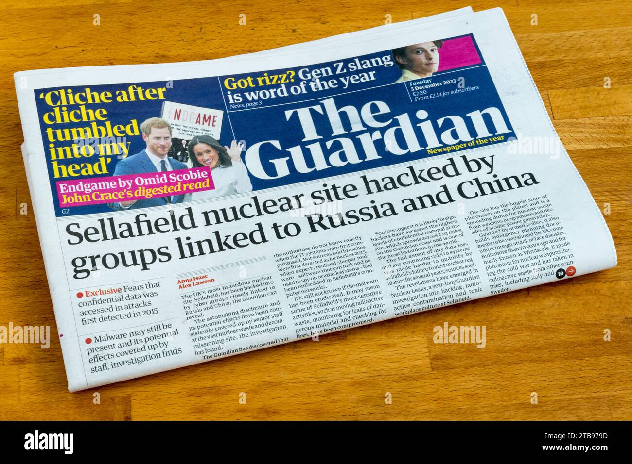 5 Dec 2023.  Headline on front page of The Guardian reads Sellafield nuclear site hacked by groups linked to Russia and China. Stock Photo