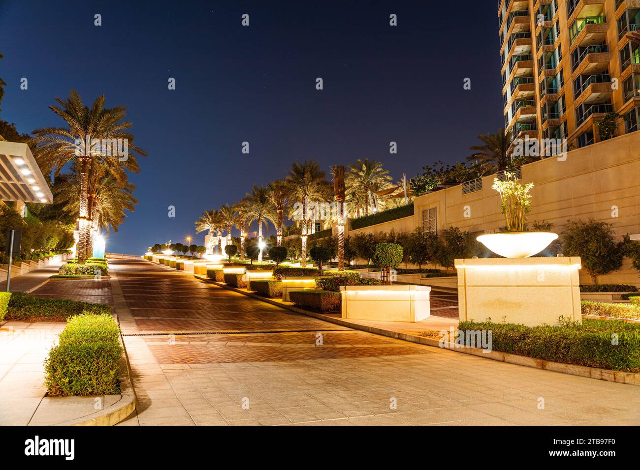 Dubai Marina Walk at night. Seven kilometers palmlined waterfront