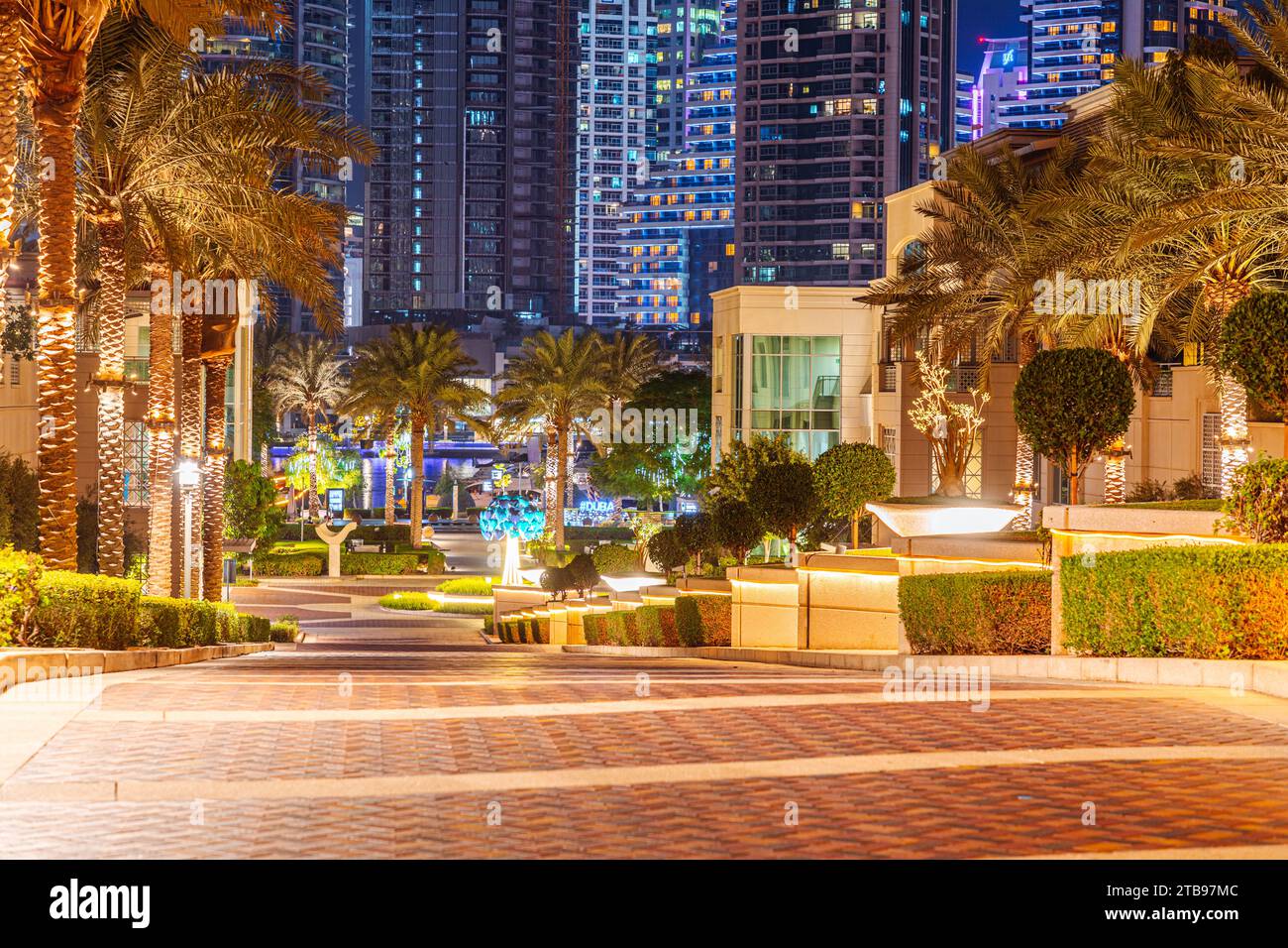Dubai Marina Walk at night. Seven kilometers palmlined waterfront