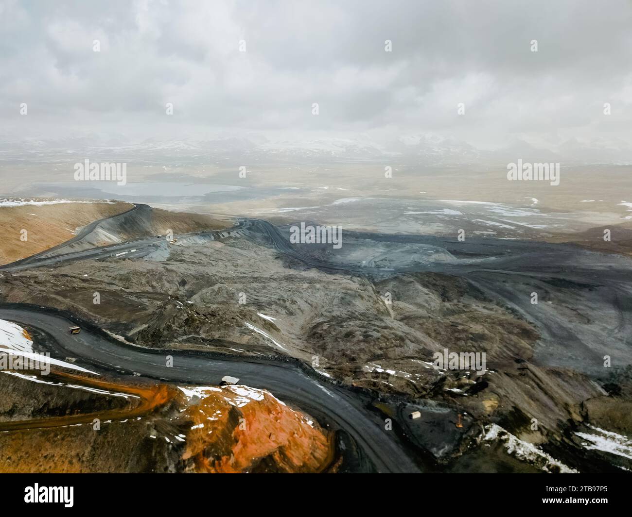 Aerial view of the Kumtor gold mine in Kyrgyzstan, Issyk-Kul region ...