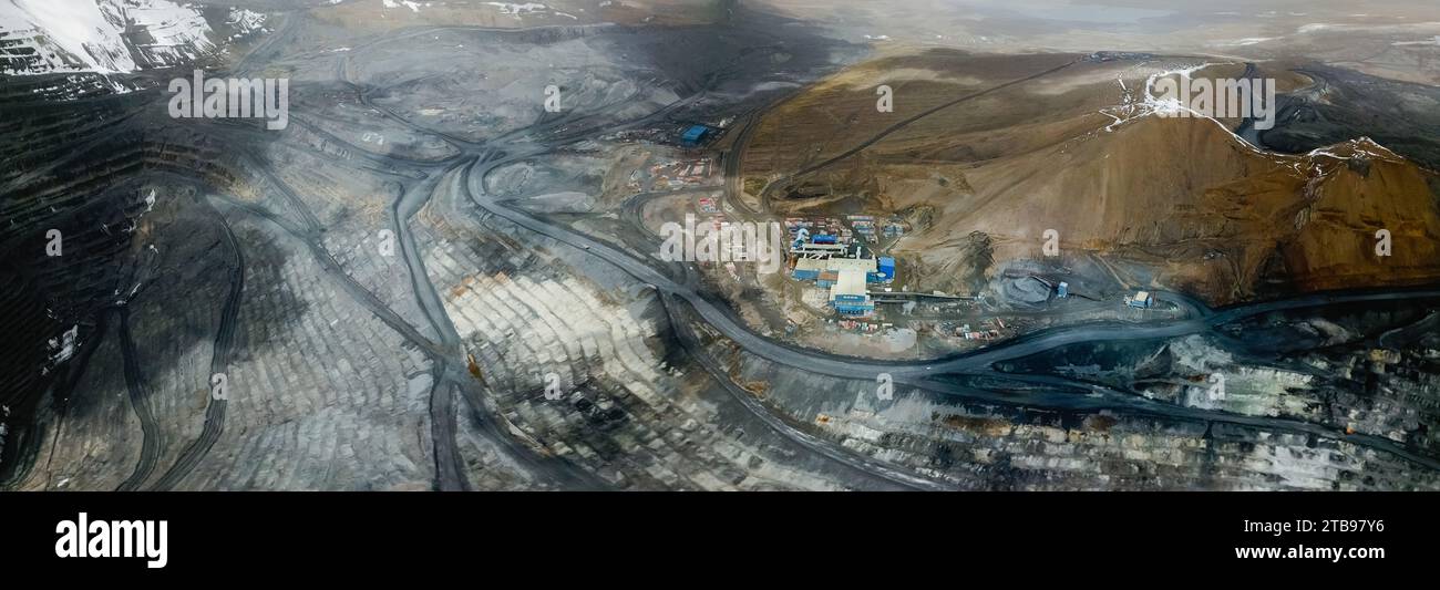 Aerial panoramic view of the Kumtor gold mine in Kyrgyzstan, Issyk-Kul ...