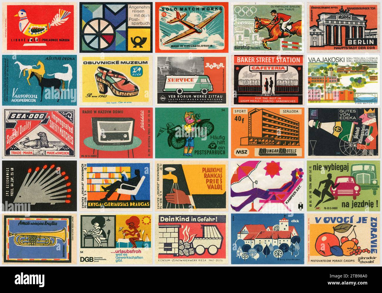 Vintage mid century matchbox labels, retro design background. Product designs mainly from East Europe Stock Photo