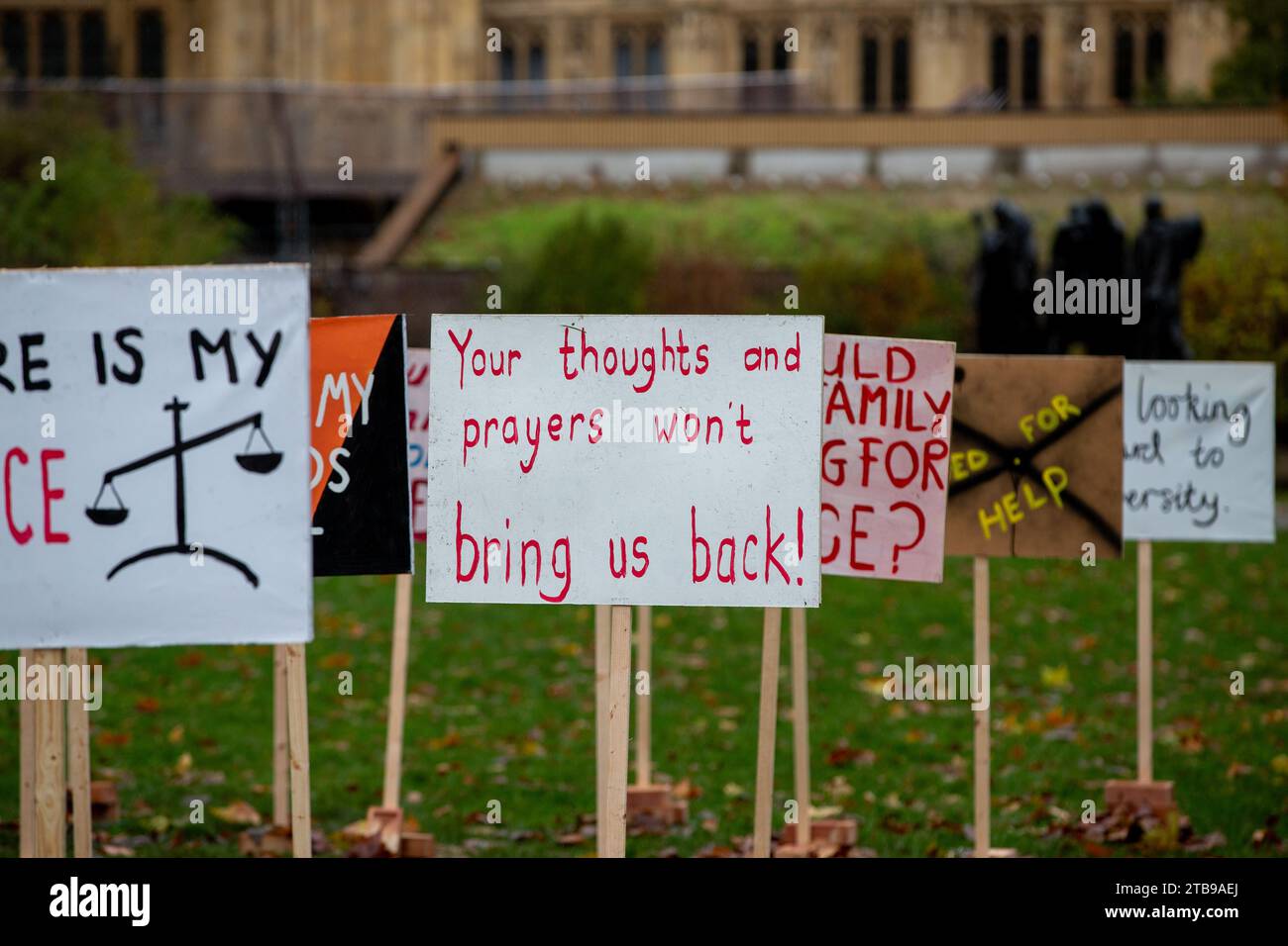 London, UK. 5th Nov, 2023. campaign group Killed Women demonstration in  Victoria Tower Gardens with placards in the ground for each women that has lost there life to Domestic violence to help reducing the number of women killed by men and education to tackle misogynistic attitudes as victims' families called for more action to stop fatal male Violence Credit: Richard Lincoln/Alamy Live News Stock Photo