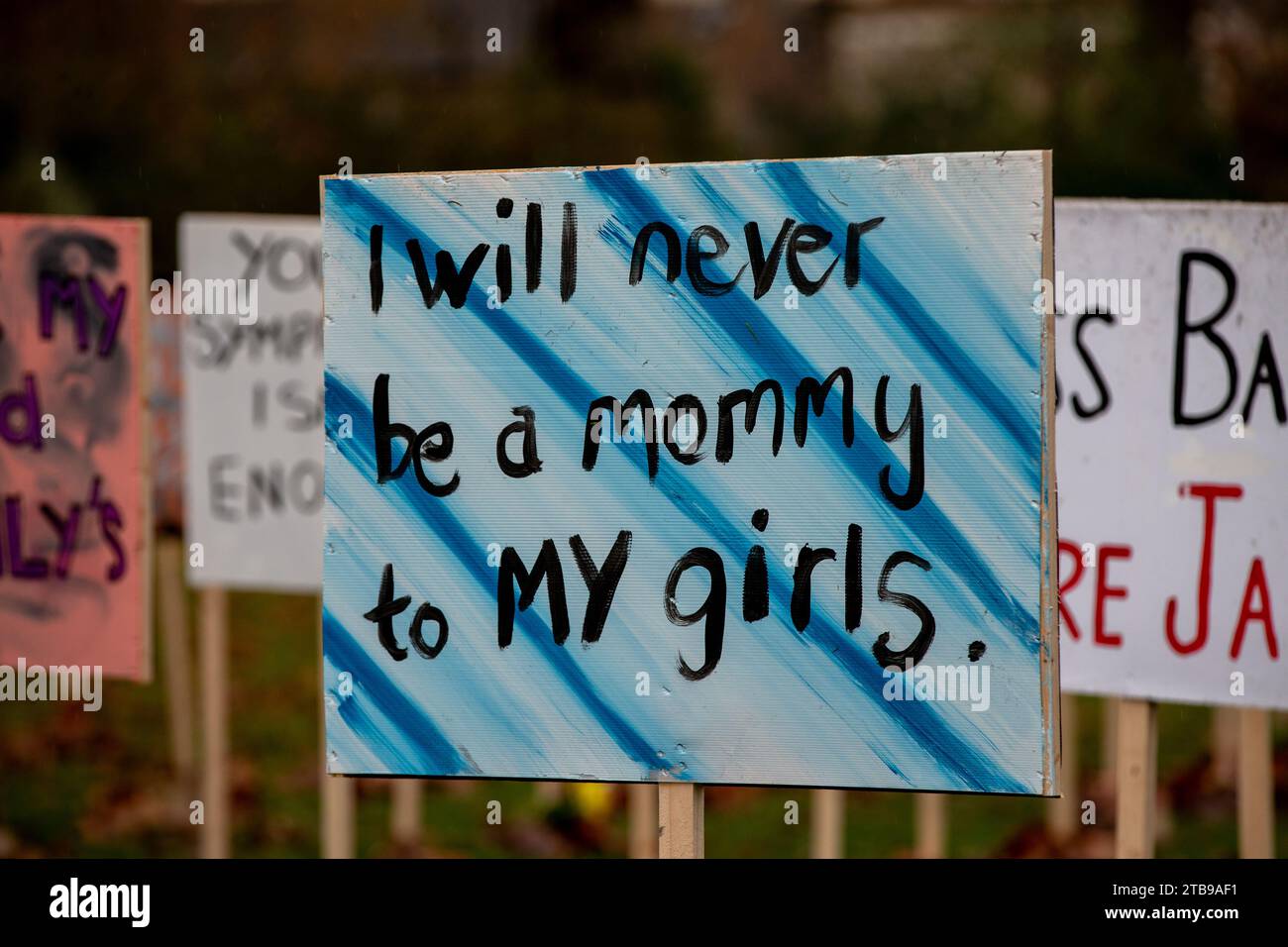 London, UK. 5th Nov, 2023. campaign group Killed Women demonstration in  Victoria Tower Gardens with placards in the ground for each women that has lost there life to Domestic violence to help reducing the number of women killed by men and education to tackle misogynistic attitudes as victims' families called for more action to stop fatal male Violence Credit: Richard Lincoln/Alamy Live News Stock Photo