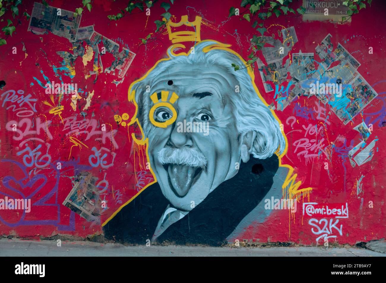 Istanbul, Turkey - December 17, 2018: Albert Einstein showing the tongue artwork on the wall Stock Photo