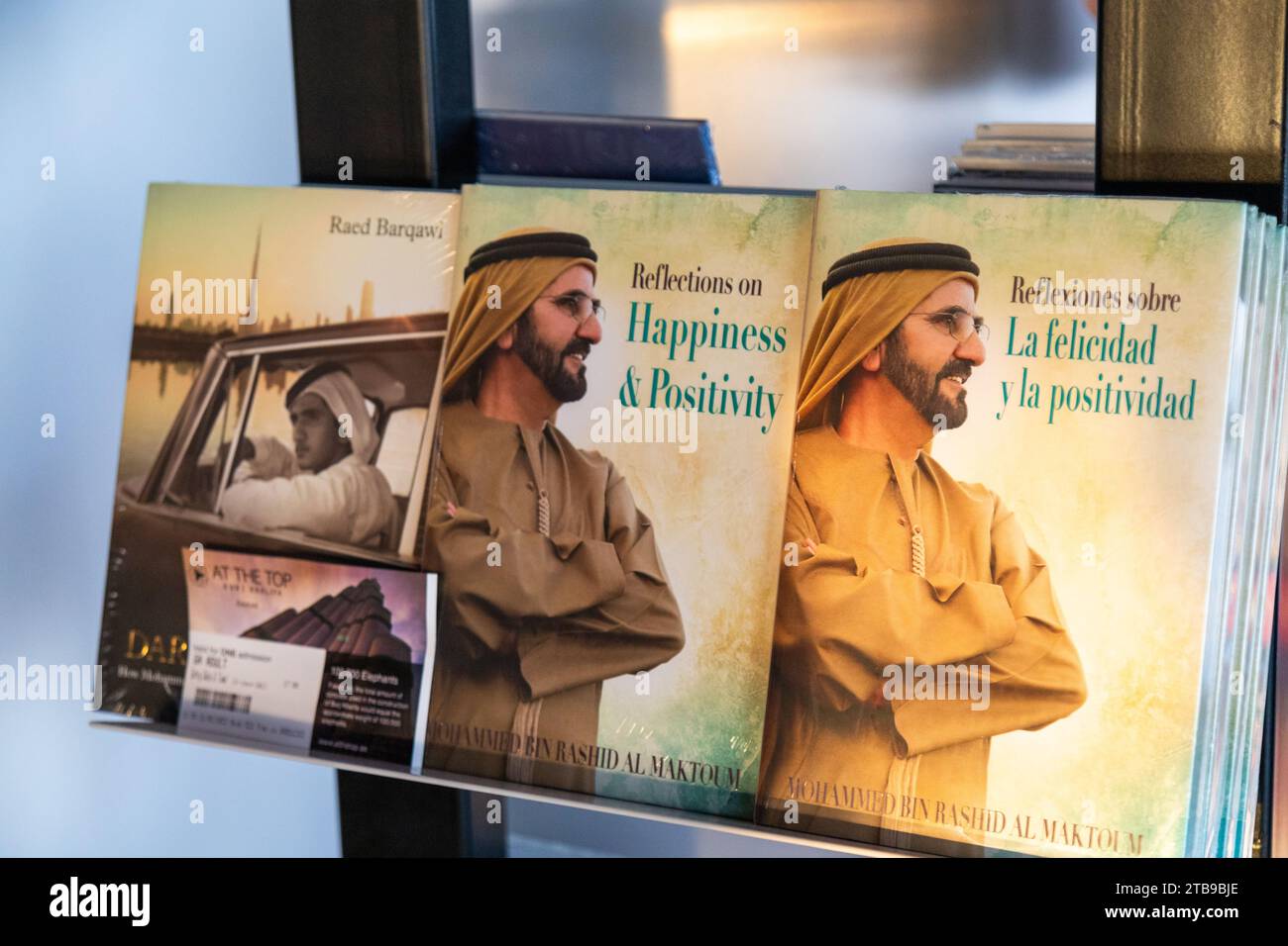 Dubai, United Arab Emirates - June 21, 2023: Sheikh Mohammed bin Rashid Al Maktoum books on shelfs of At The Top, Burj Khalifa Stock Photo