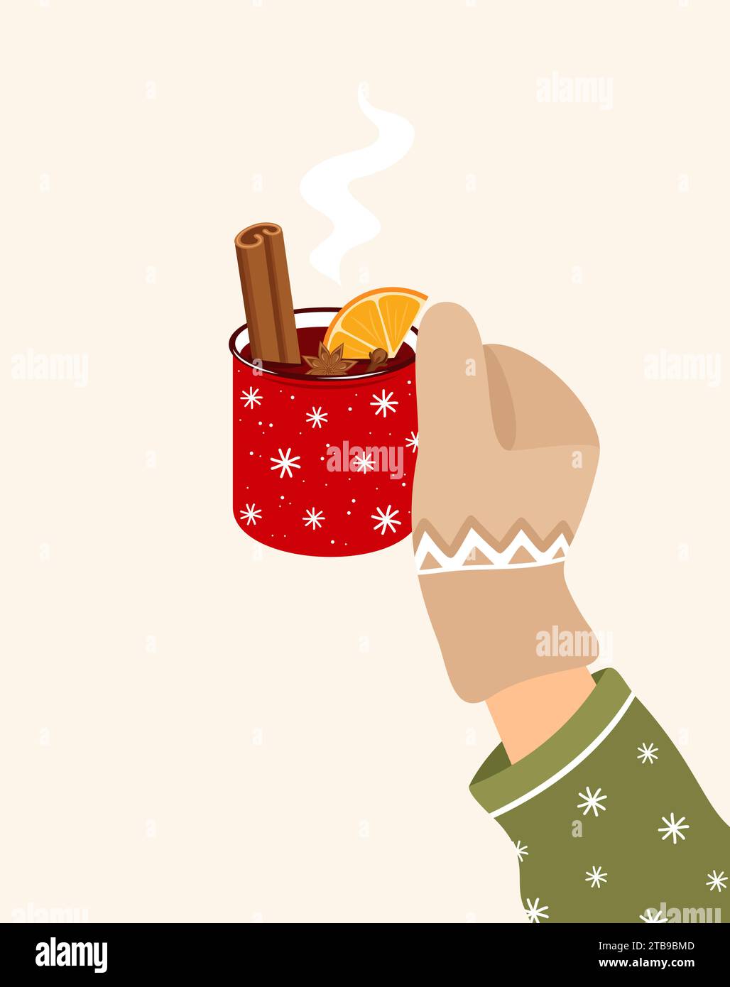 Hand in mitten holding red cup of mulled wine with cinnamon, orange, anise and cloves. Hot winter drink. Flat vector illustration Stock Vector