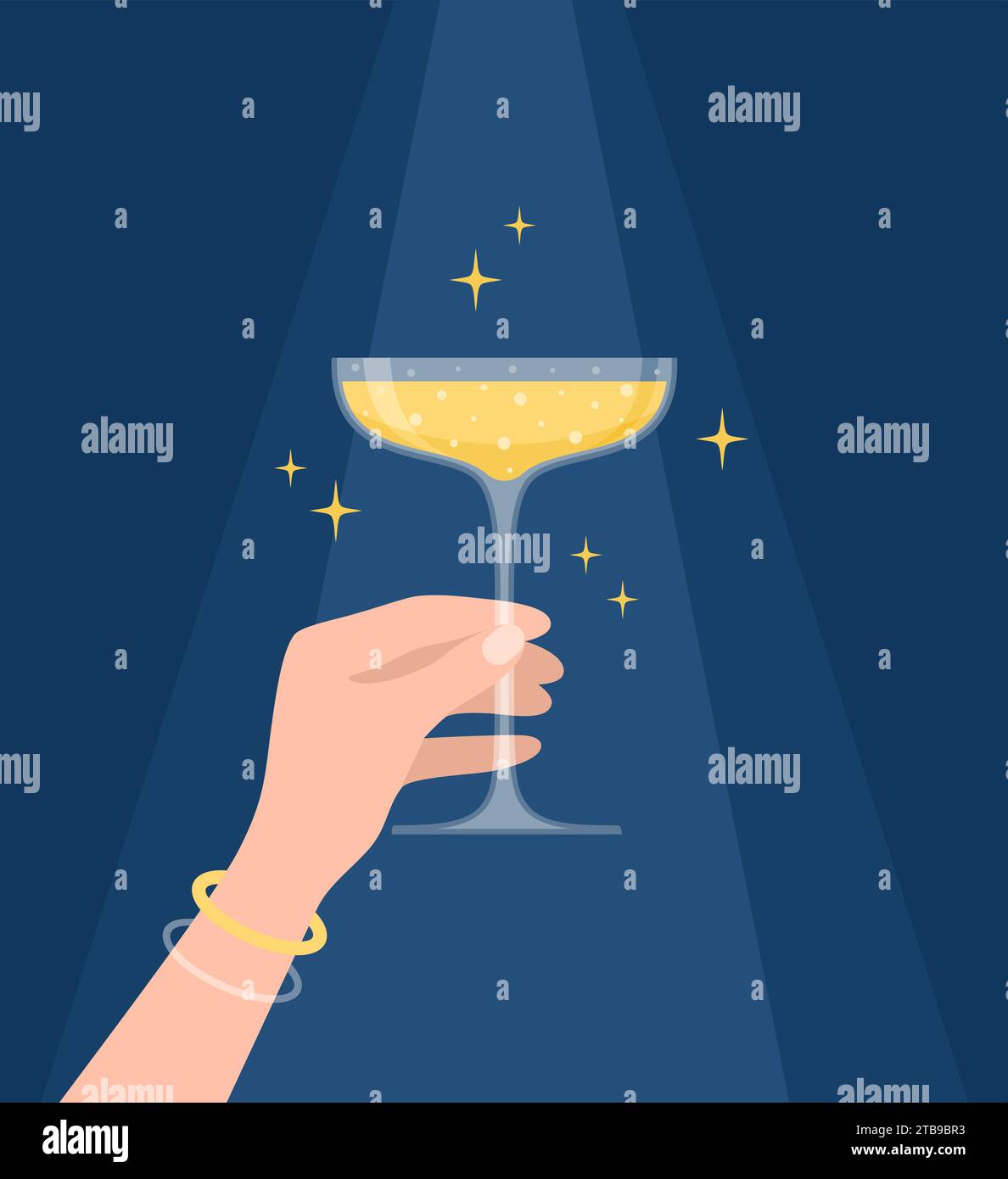 Hand holding coupe glass with sparkling wine or champagne on dark blue background. Vector illustration in flat style Stock Vector