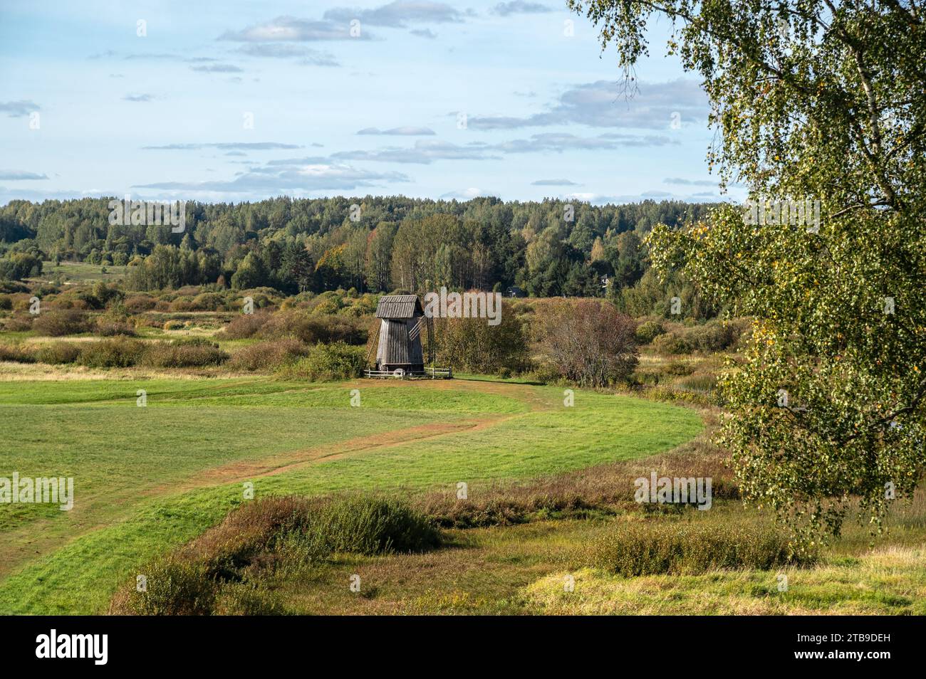 Landscape with a green meadow and a path leading to an old windmill against the background of a forest on a bright sunny autumn day. Stock Photo