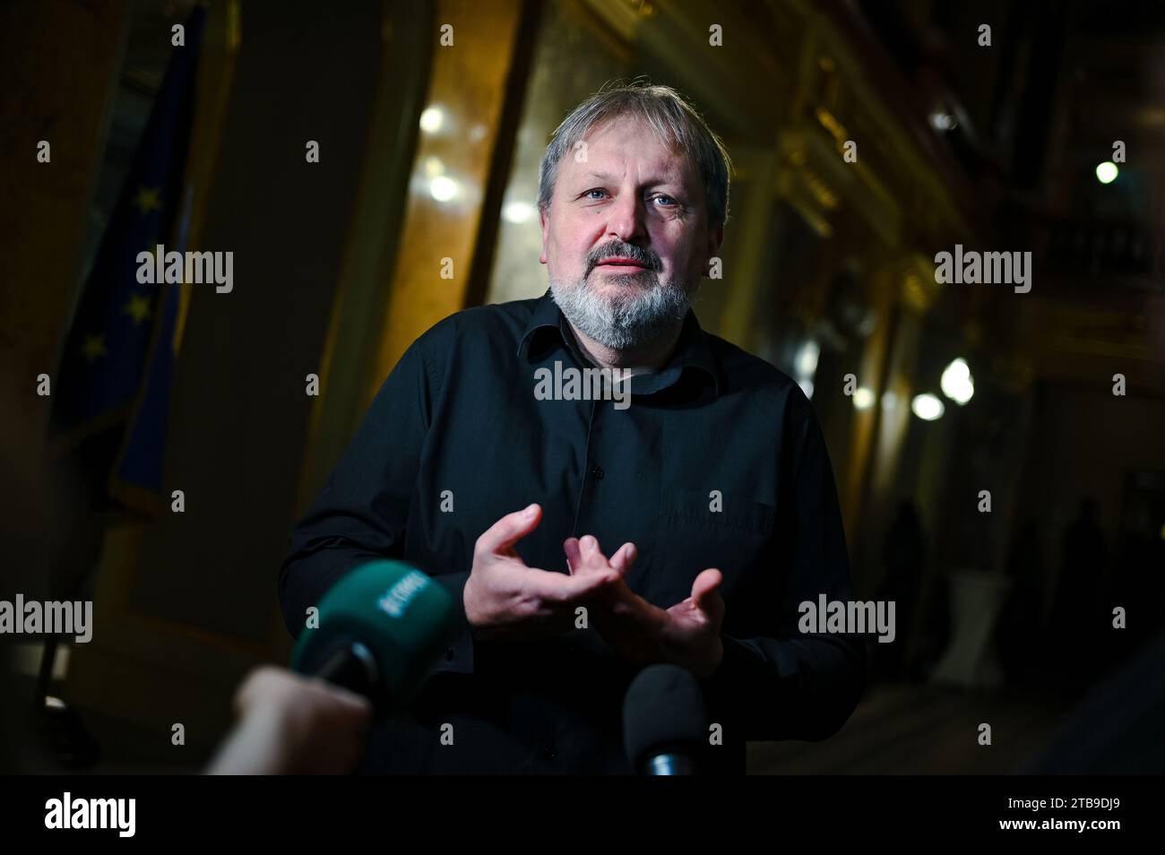 Conductor Yurii Bervetskyi is attending a briefing dedicated to the premiere of the ''Shadows of Forgotten Ancestors'' ballet at the Solomiya Krushelnytska Lviv National Academic Opera and Ballet Theatre in Lviv, Ukraine, on December 1, 2023. The ballet, based on the 1911 novel by Ukrainian writer Mykhailo Kotsiubynskyi, which was inspired by his stay in the Hutsul region, tells the tragic love story of Ivan and Marichka, two Hutsuls from rival families. The production, staged by Artem Shoshyn, features music by Ivan Nebesnyi and a libretto by Vasyl Vovkun. NO USE RUSSIA. NO USE BELARUS. (Phot Stock Photo