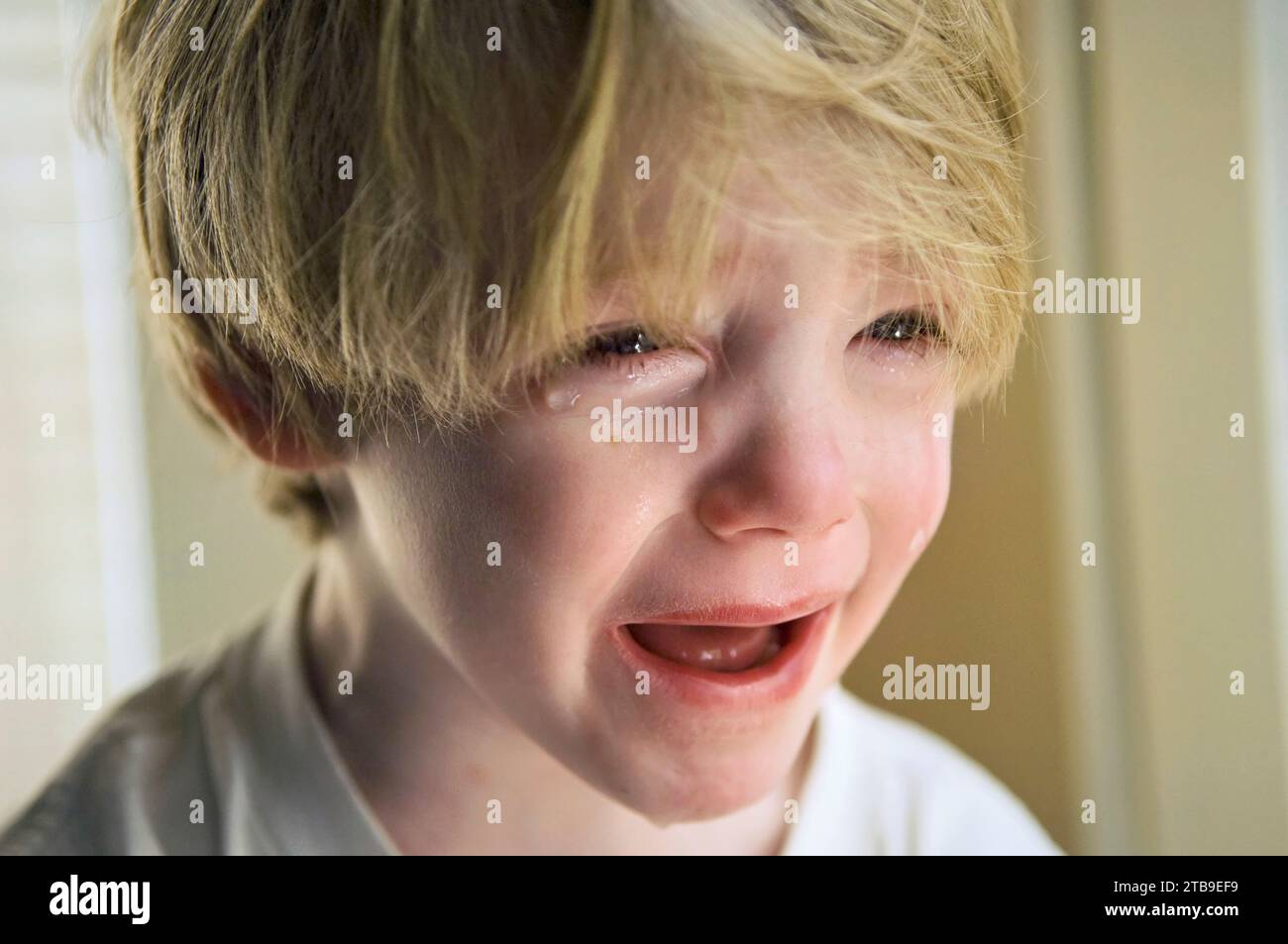 Portrait of a 4-year-old boy crying at his home; Lincoln, Nebraska, United States of America Stock Photo