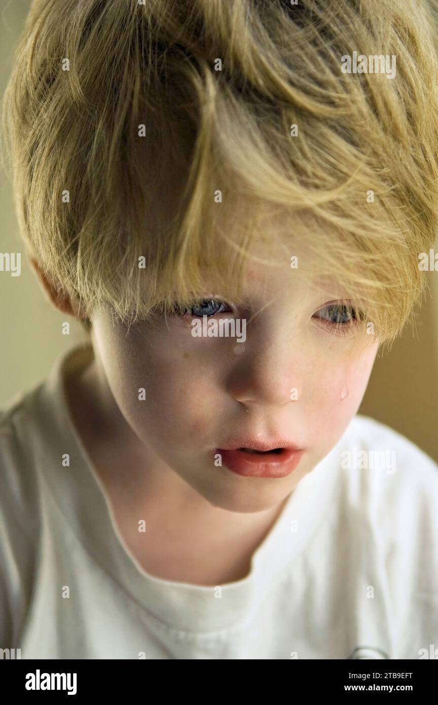 Portrait of a 4-year-old boy crying at his home; Lincoln, Nebraska, United States of America Stock Photo