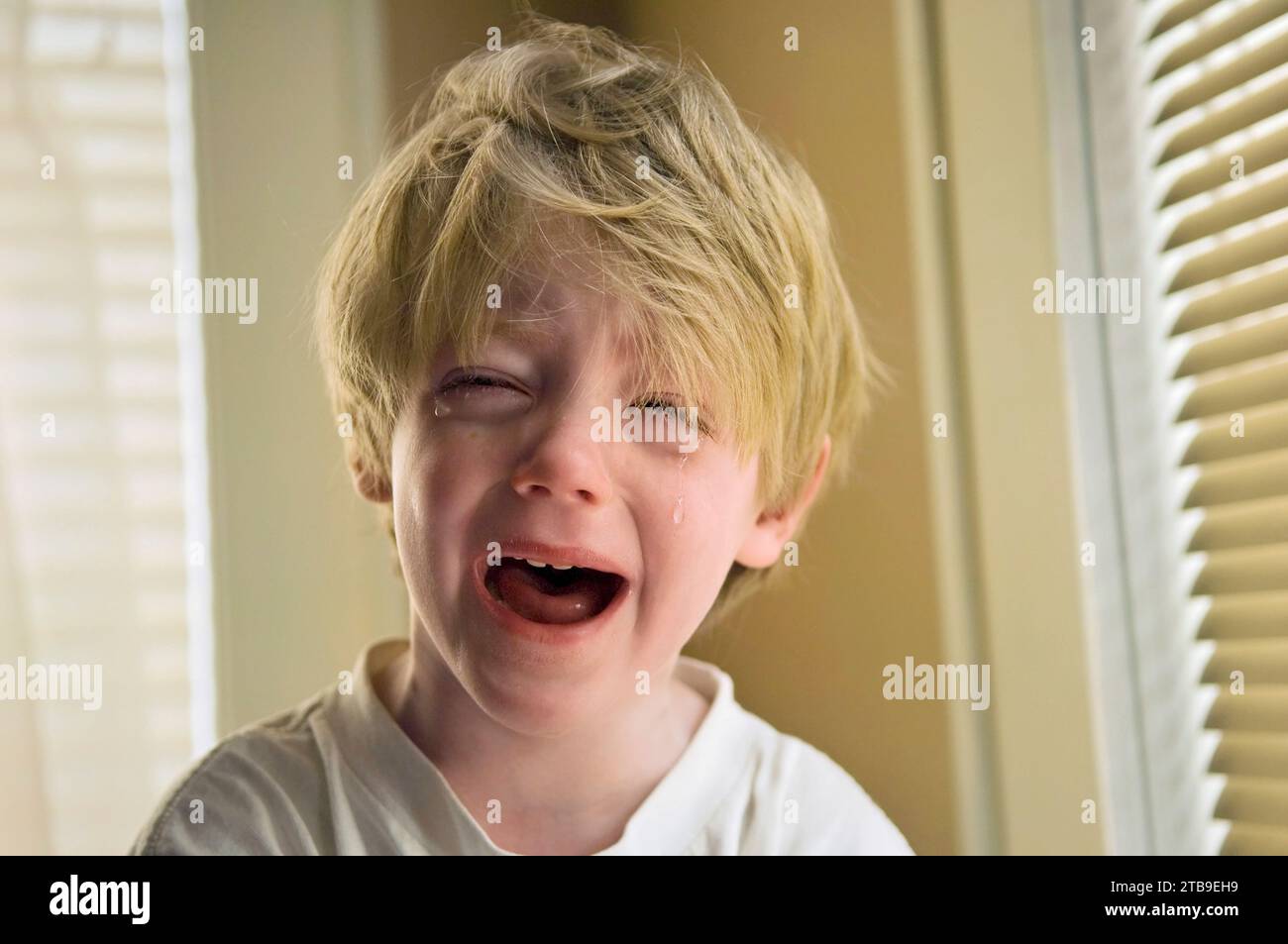 Portrait of a 4-year-old boy crying at his home; Lincoln, Nebraska, United States of America Stock Photo