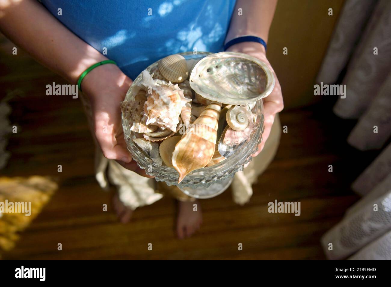 Girl holds bowl of seashells; Lincoln, Nebraska, United States of America Stock Photo