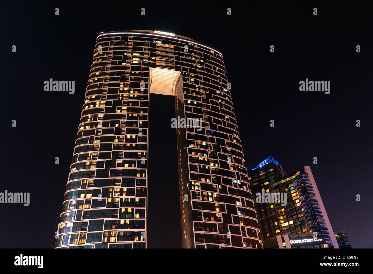 Dubai, United Arab Emirates - June 21, 2023: Address Beach Resort hotel in Dubai at night Stock Photo