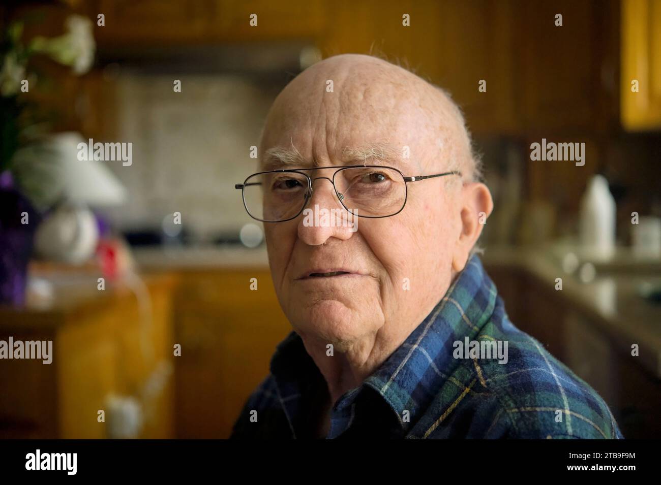 Portrait of an elderly man in his kitchen; Elkhorn, Nebraska, United States of America Stock Photo