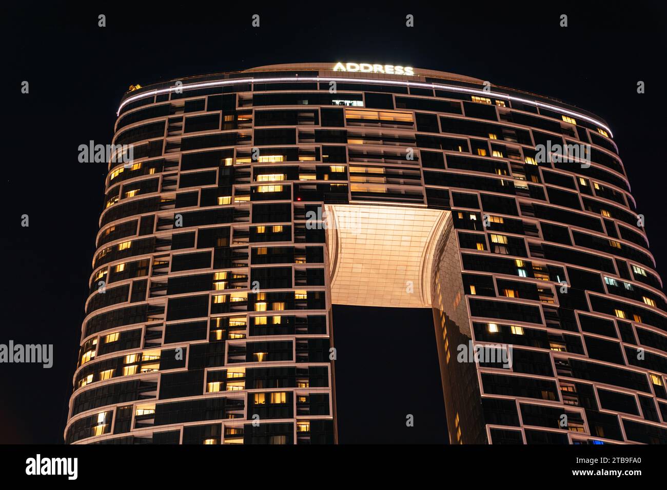 Dubai, United Arab Emirates - June 21, 2023: Address Beach Resort hotel in Dubai at night Stock Photo